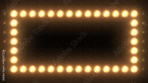 Marquee light board sign retro on black background. Bright golden light bulbs for banner or signboard. Concept of casino text or logo. Copy space