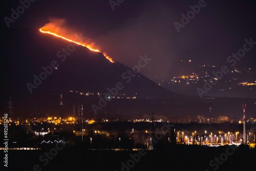 Mountain on fire, Italian Piedmont Alps have problems with Global Warming, drought that sets off fires, forest fires in the night 