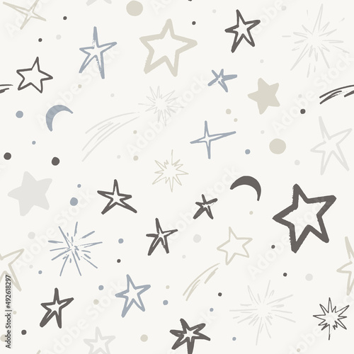 Vector space seamless pattern with planets  comets  constellations and stars. Night sky hand drawn doodle astronomical background