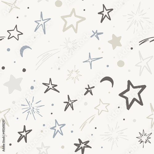 Vector space seamless pattern with planets, comets, constellations and stars. Night sky hand drawn doodle astronomical background