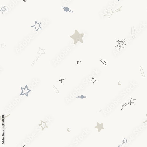 Vector space seamless pattern with planets, comets, constellations and stars. Night sky hand drawn doodle astronomical background