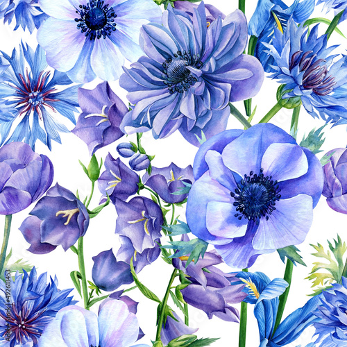 Blue flowers  Cornflowers  anemones and bluebells  watercolor botanical illustration. Seamless patterns.