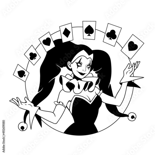 Joker girl juggling playing cards