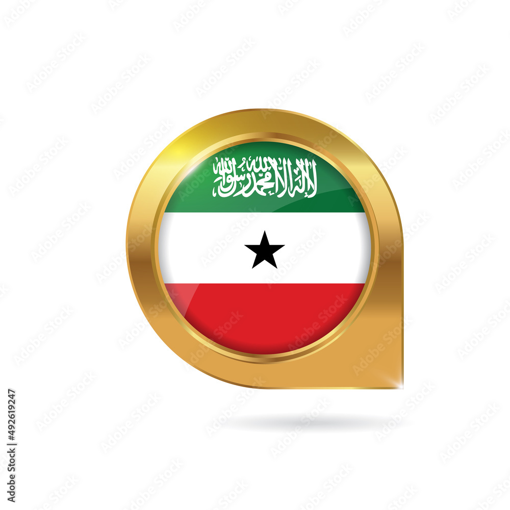Flag of Somaliland, location map pin, pointer flag, button with the reflection of light and shadow, gold frame, Icon country. Realistic vector illustration on white background Flag of Somaliland, location map pin, pointer flag, button with the reflection of light and shadow, gold frame, Icon country. Realistic vector illustration on white background