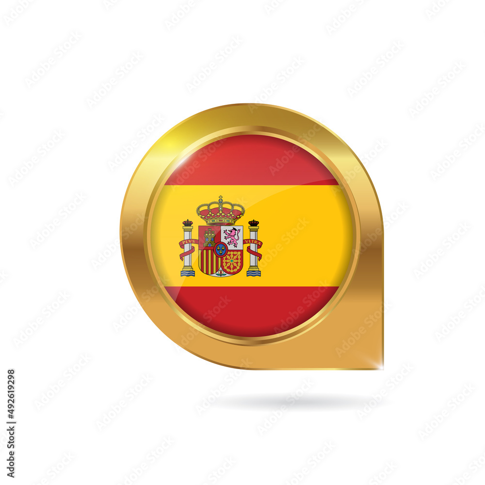 Flag of Spain, location map pin, pointer flag, button with the reflection of light and shadow, gold frame, Icon country. Realistic vector illustration on white background