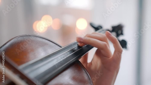 A Young Girl And Man Plays The Violin In A Beautiful Retro Room With Flowers And A Piano.