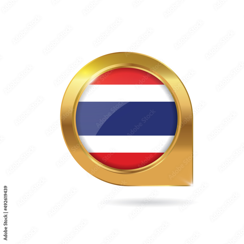 Flag of Thailand, location map pin, pointer flag, button with the reflection of light and shadow, gold frame, Icon country. Realistic vector illustration on white background Flag of Thailand, location map pin, pointer flag, button with the reflection of light and shadow, gold frame, Icon country. Realistic vector illustration on white background