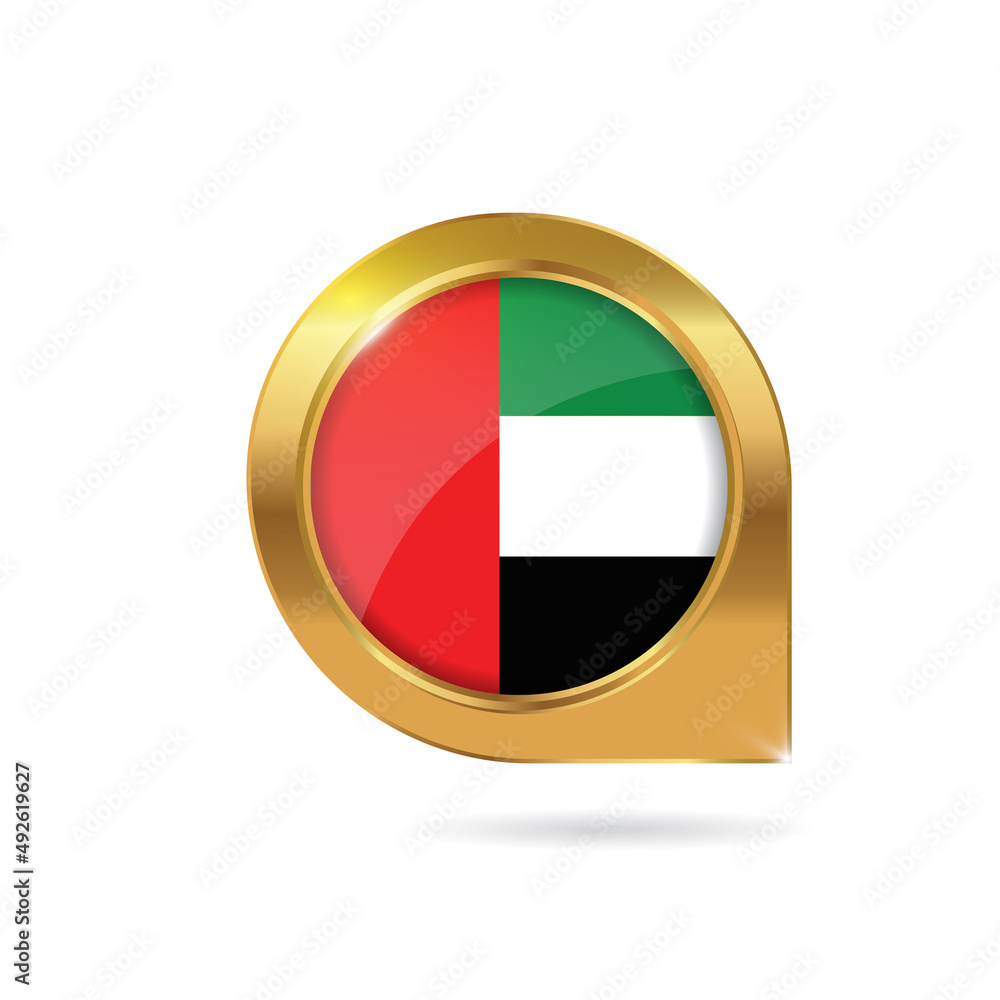 Flag of United Arab Emirates, location map pin, pointer flag, button with the reflection of light and shadow, gold frame, Icon country. Realistic vector illustration on white background Flag of United Arab Emirates, location map pin, pointer flag, button with the reflection of light and shadow, gold frame, Icon country. Realistic vector illustration on white background