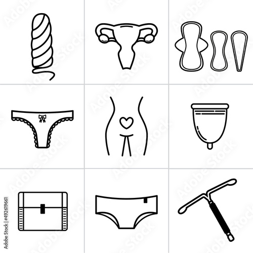 Set of woman daily and monthly equipment. `Sanitary pads, tampon, IUD, menstrual cup. Vector illustration  photo
