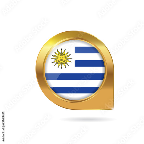 Flag of Uruguay, location map pin, pointer flag, button with the reflection of light and shadow, gold frame, Icon country. Realistic vector illustration on white background