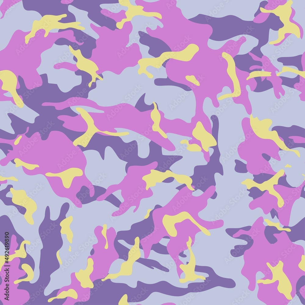 
Trendy camouflage, vector seamless pattern, purple yellow spots. Stylish design.