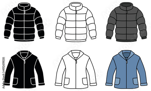 Short Jacket and Puffer Coat Clipart Set - Outline, Silhouette and Color