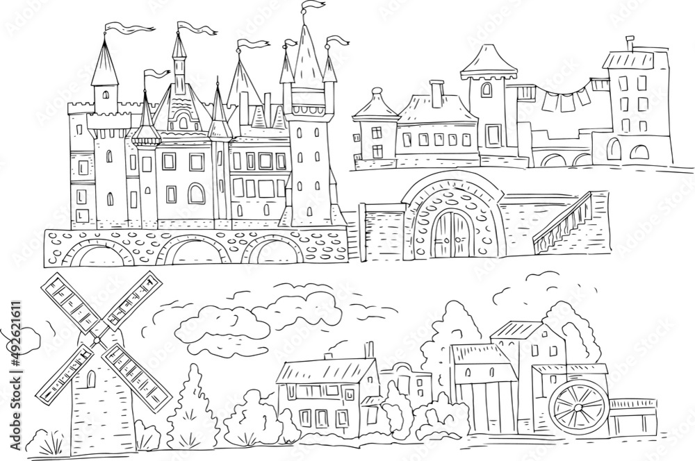 
Castle palace ancient historical architecture graphic illustration hand drawn separately elements on white background medieval buildings houses mill village city coloring book for children