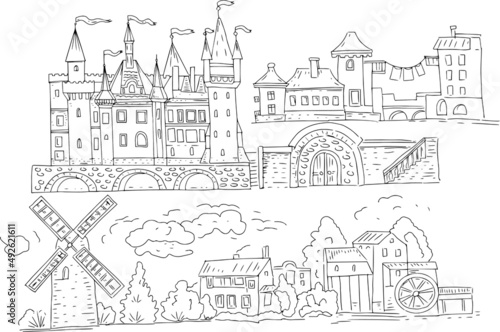  Castle palace ancient historical architecture graphic illustration hand drawn separately elements on white background medieval buildings houses mill village city coloring book for children