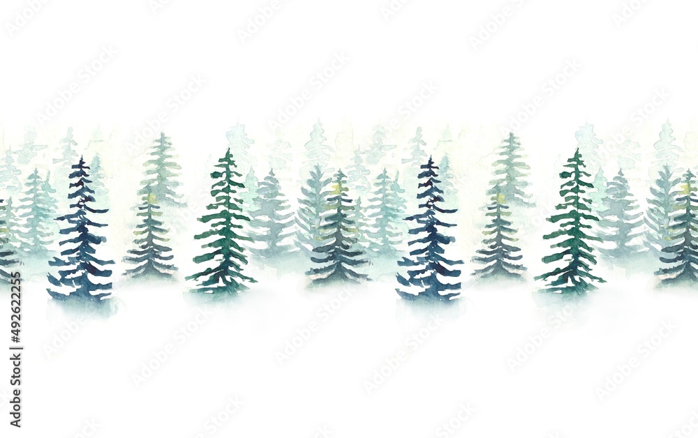 Seamless background of watercolor spruce forest in fog.