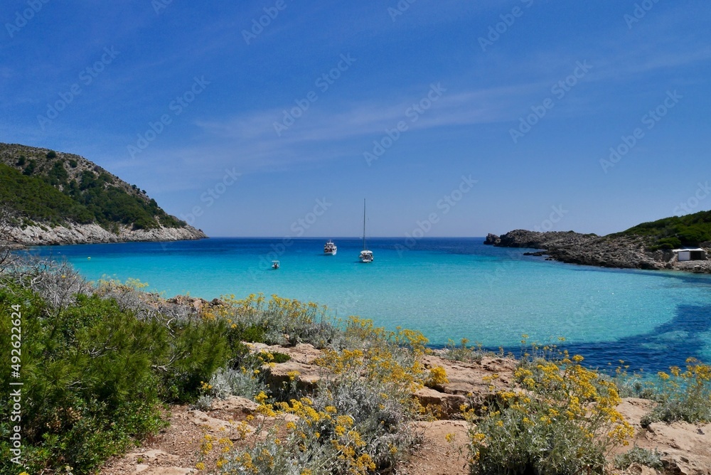 Panoramic view of Cala Torta with turquoise water. Majorca, Spain.