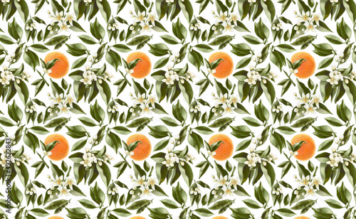 Floral pattern with clementine, tangerine, mandarin, orange fruit and white blooms