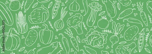 Obraz Seamless banner with outline vegetable icons. Background with hand drawn drawings of carrot, cabbage, broccoli, corn, pumpkin. Sketch food pattern. Doodle silhouettes of harvest elements