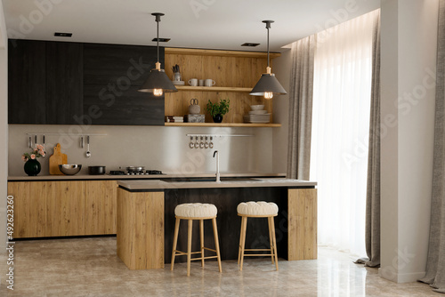 Fototapeta Naklejka Na Ścianę i Meble -  Wooden realistic interior design. Kitchen interior. 3D illustration