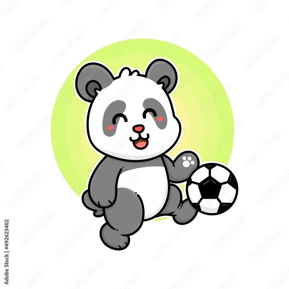 Fototapeta premium happy panda play football soccer adorable cartoon doodle vector illustration flat design style