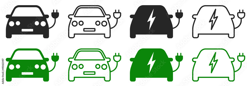 Set of electric car icons. Eco friendly auto with electrical charging cable icon. Hybrid car, charging station sign. Vector. Set of electric car icons. Eco friendly auto with electrical charging cable icon. Hybrid car, charging station sign. Vector.
