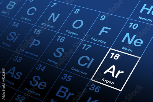 Argon on periodic table of elements. Noble gas, with symbol Ar and atomic number 18, used as inert shielding gas, in incandescent, fluorescent lighting, and gas-discharge tubes with lilac-violet glow.