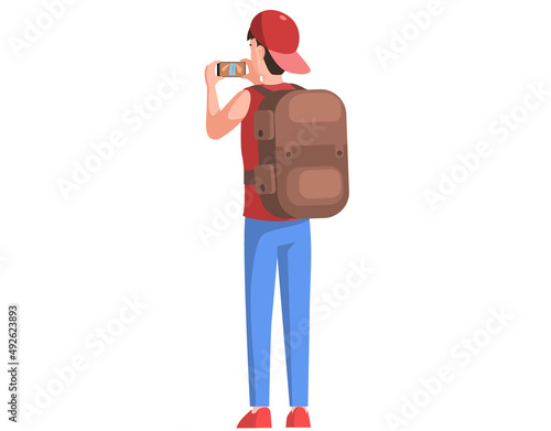 Hiker taking photo of landscape. Man with tourist backpack making pictures of nature. Traveler uses modern gadget while hiking. Guy with natural scenery on screen isolated on white background