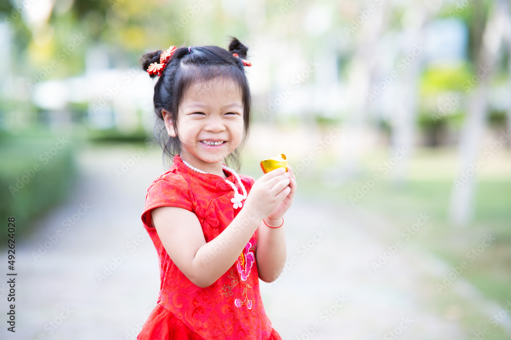 Portrait cute Asian girl holding Chinese golden. Sweet smiling children are happy. Child celebrate Chinese New Year. Kid was wearing beautiful red qipao Cheongsam. Female aged 5 years old. Portrait cute Asian girl holding Chinese golden. Sweet smiling children are happy. Child celebrate Chinese New Year. Kid was wearing beautiful red qipao Cheongsam. Female aged 5 years old.