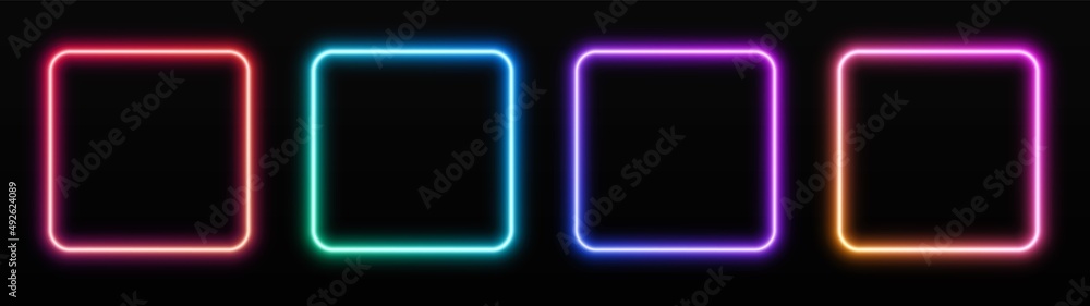 Gradient neon square frames set. Glowing borders isolated on a dark background. Colorful night banner, vector light effect. Bright illuminated shape. - obrazy, fototapety, plakaty 