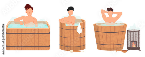 Young man sitting in tub washing his body in sauna. Bathhouse or banya at home isolated. Guy in barrel is resting in sauna. Male character in hot steam. Wellness spa procedures in wooden water barrel