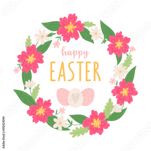 Happy easter. Easter card template. Bright wreath of flowers and an inscription.