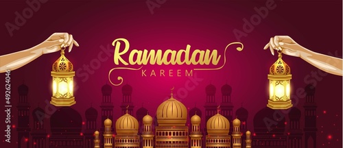 ramadan kareem greetings. girl hand holding golden arabic lantern. vector illustration