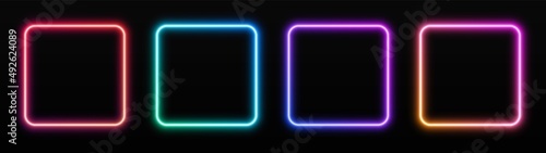 Gradient neon square frames set. Glowing borders isolated on a dark background. Colorful night banner, vector light effect. Bright illuminated shape.