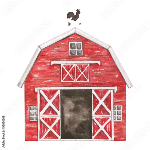 Murais de parede Red Barn watercolor clipart, Farm wooden barn isolated illustration