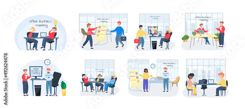 Business people man and woman talking. Colleagues discussing work, chatting communicating sitting at office desk. Businesspeople have project strategy planning meeting. Teamwork with business plan