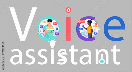 Voice assistant software agent perform tasks for user. Speaker recognition, vote controlled smart speaker. Man voice activated digital assistants, identification. Virtual assistant, sound robot