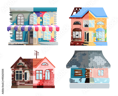 Home renovation, house before and after repair. New and old suburban cottage. Remodel construction. Old run-down house remodeled into cute traditional suburban cottage. Building maintenance service