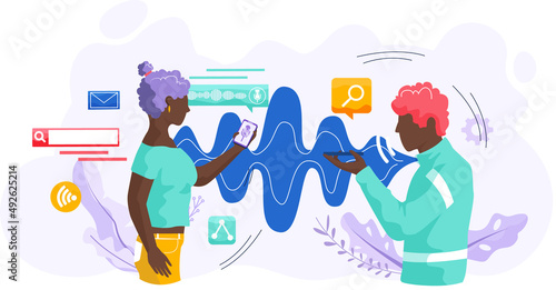 Voice assistant. Smart speaker virtual assistant, sound robot, people using voice controlled smart speaker. Voice activate digital assistant identification control contactless mobile device microphone