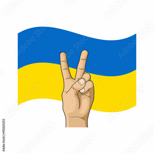 Peace hand signn. Ukrainian flag. Vector illustration.