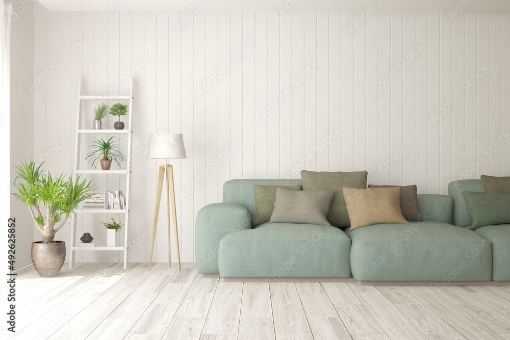Fototapeta premium White living room with sofa. Scandinavian interior design. 3D illustration