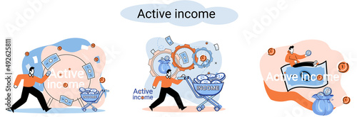 Active income obtained in course of certain activity using your knowledge and skills, getting paid for work. Works, earns salary. Idea of financial growth, business development, wages. Activity growth