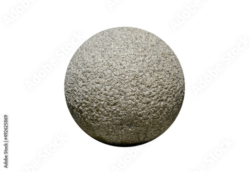 Cut out a big spherical granite stone rock isolated on white background with a clipping path. Rounded stone for outdoor garden decoration. 