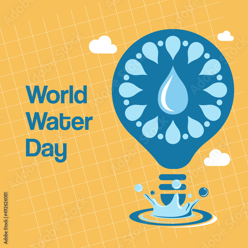 World Water Day Templates for Social Media Posts, Greeting Cards, Banners, Postcards, etc. Vector flat design with water drop and light concept on yellow background. Suitable for environmental issues