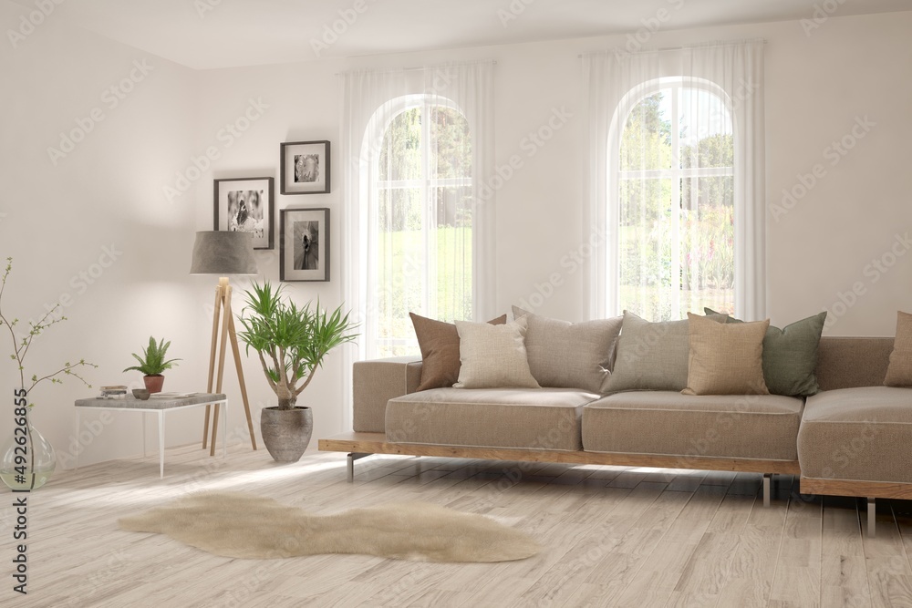 Fototapeta premium White living room with sofa. Scandinavian interior design. 3D illustration
