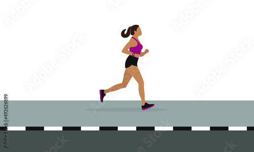 Female character in sportswear running on the sidewalk on a white background
