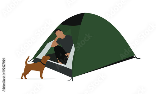 Male character in tent and dog in collar near tent on white background