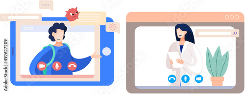 Online doctor conference, consultation via your smartphone. Concept for medical app and websites. Remote meetings of scientists conferring on fight against viruses and scientific researches