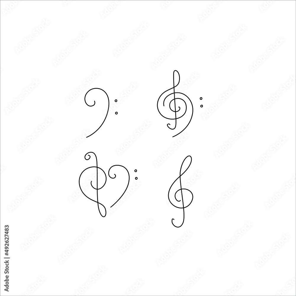 Treble and bass clef, musical note, small tattoo, print for clothes and logo design, emblem or logo design, silhouette one single line, isolated abstract vector illustration. Stock Vector