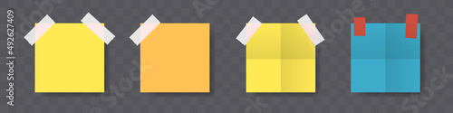 A set of paper stickers for notes. Scraps of paper taped to the wall. Vector clipart isolated on transparent background.