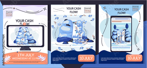 Cash flow, stable income website, advertising poster. Idea of income growth and development. Business investment, financial literacy courses and profit increase. Active and passive income concept